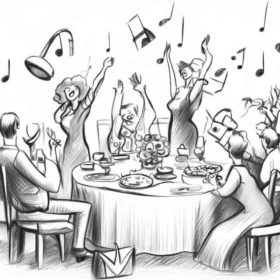 sketch of people enjoying music at a dinner party
