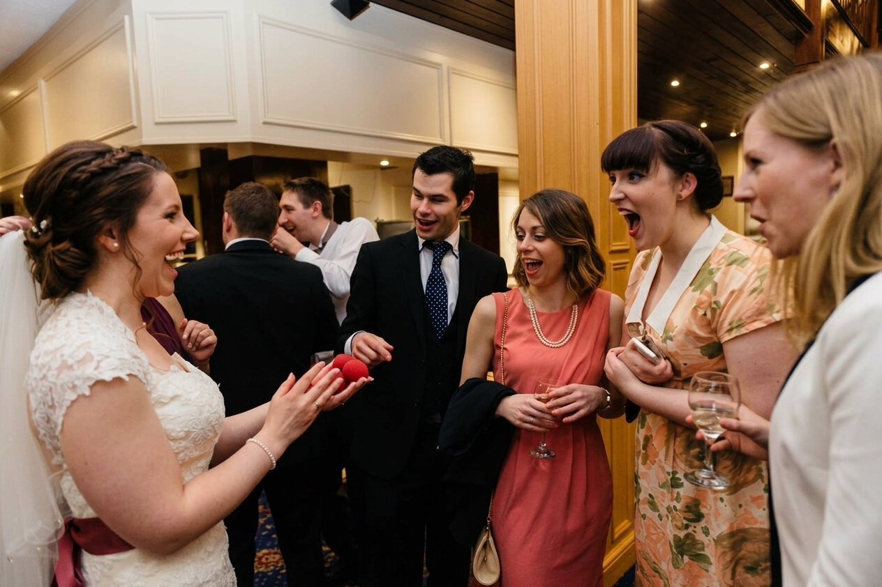 wedding guests reacting to close up magician